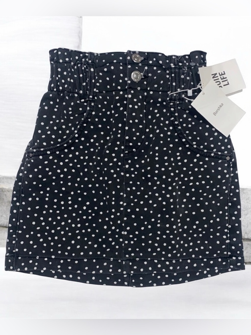 New! Berkshka grey denim with white polka dots high rise mini skirt